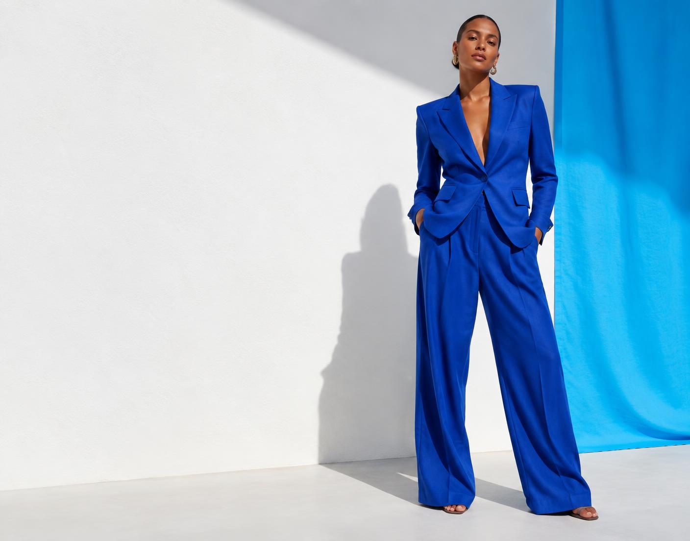 Editorial de moda com conjunto azul em estúdio claro